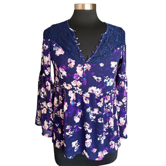 Decree Purple Blue Sheer Top Lace Bell Sleeves SM Y2K Fairy Boho Dark Cottage - Picture 1 of 9